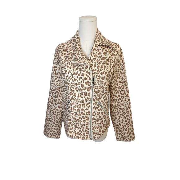 Adyson Parker Leopard Moto Jacket Size M Beige Tan Blush Silver Zipper Tailored - Picture 2 of 13